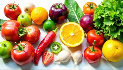Variety of organic fruits & vegetables on white, vegetables, still life, fresh