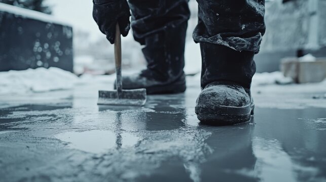 Concrete worker smoothing the surface of a foundation slab. Featuring focus and hard work
