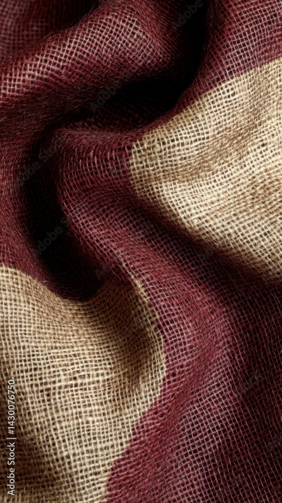Poster Rustic burgundy and beige burlap fabric with visible weave and folds, creating a textured, abstract, and warm backdrop
