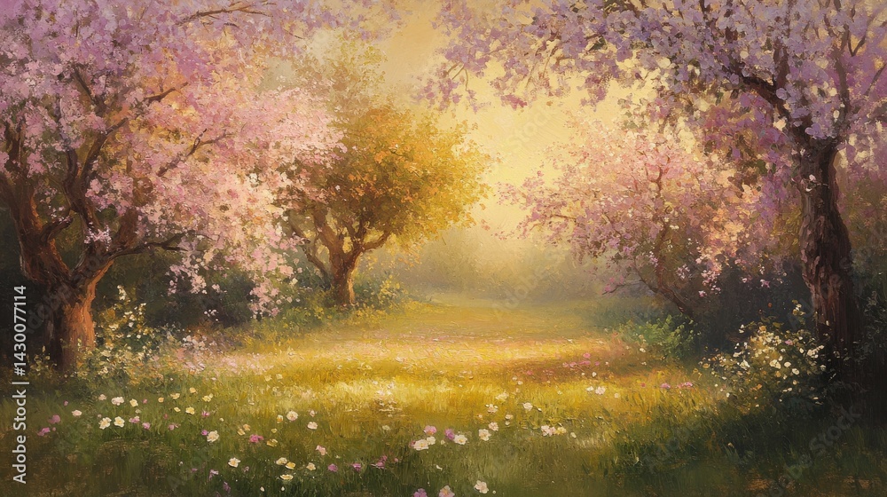 Poster serene spring orchard bathed in warm light with blossoming trees and a flower-filled meadow, depicti