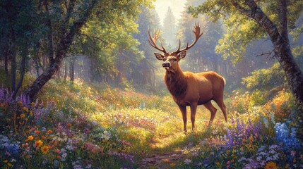Fototapeta premium Majestic Stag Standing in a Sunlit Forest Clearing amidst Vibrant Wildflowers, Bathed in Soft Light, Creating a Serene and Enchanting Scene