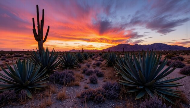 Desert landscape at sunset with cacti and agaves  