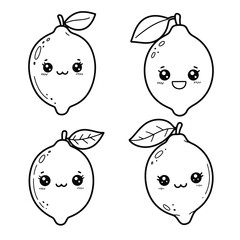 Fresh green lemon set. Whole lemon fruit with leaves, lemons slices and cut lemon. Organic fruits for lemonade juice or vitamin C healthy food. Vector illustration isolated on white background.