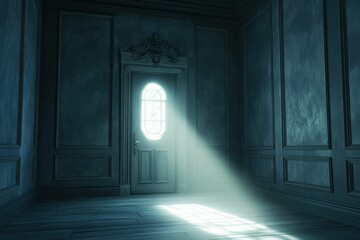 Open door symbolizing hope and new beginnings is captured through contrast of light and darkness. Despite worn appearance of door, it still opens to reveal light of hope waiting on other side.