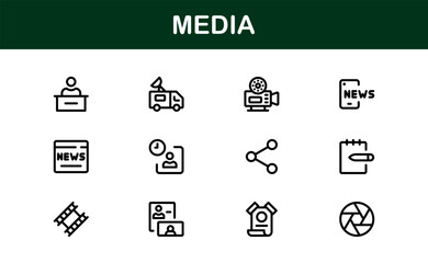 Essential Media Icon Set Vector Illustration. Includes Symbols for Media, News, Communication, and Digital Content Creation to Boost Your Designs.