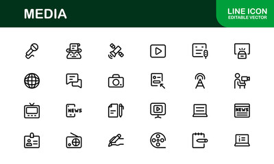 Essential Media Icon Set Vector Illustration. Includes Symbols for Media, News, Communication, and Digital Content Creation to Boost Your Designs.