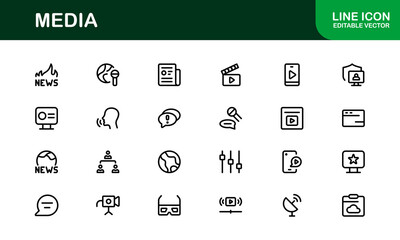 Essential Media Icon Set Vector Illustration. Includes Symbols for Media, News, Communication, and Digital Content Creation to Boost Your Designs.