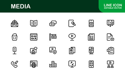 Essential Media Icon Set Vector Illustration. Includes Symbols for Media, News, Communication, and Digital Content Creation to Boost Your Designs.