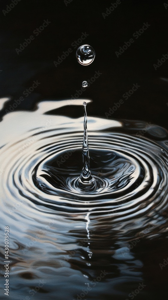 Poster photorealistic image: close-up of a single droplet impacting a dark water surface, creating concentr