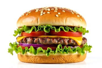 Burger isolated on white, sesame seeds visible, bread, appetizing, meat