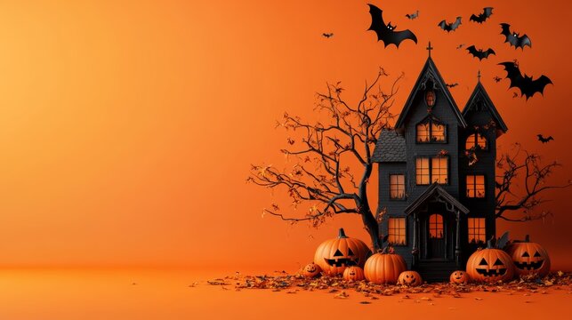 3D Halloween Haunted House with Tree, Bats, and Pumpkins on Orange Background