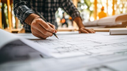 Construction supervisor reviewing plans at a construction site. Featuring leadership and strategy