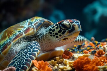 Fototapeta premium Majestic Sea Turtle Resting on Vibrant Coral Reef Underwater