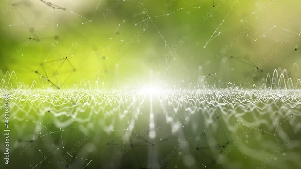 Wall mural blurred sunny green nature bokeh with digital technology oscillation waves and lines loop animation 