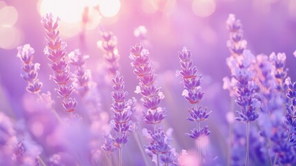 Naklejka premium Lavender field in soft focus, bathed in warm, dreamy, pink, and purple light, creating a serene and peaceful floral landscape