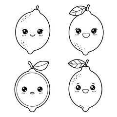 Fresh green lemon set. Whole lemon fruit with leaves, lemons slices and cut lemon. Organic fruits for lemonade juice or vitamin C healthy food. Vector illustration isolated on white background.