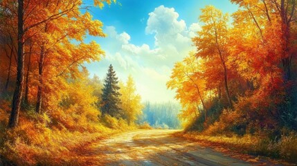 Fototapeta premium Serene Country Road Under Autumn Sky, Lined with Colorful Trees, Creating a Scenic and Peaceful Natural Environment
