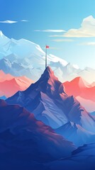 Minimalist mountain landscape with red flag on summit against a blue sky