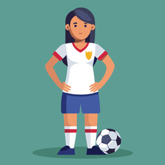 Soccer women, female football player with ball, isolated vector , high contrast illustration, front view 