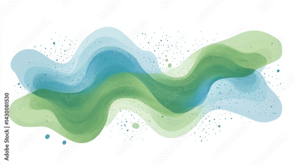Poster Abstract Watercolor Waves in Blue and Green, Modern Artistic Design with Subtle Blobs and Pencil Stroke Texture