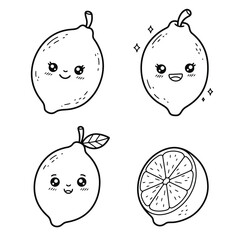 Fresh green lemon set. Whole lemon fruit with leaves, lemons slices and cut lemon. Organic fruits for lemonade juice or vitamin C healthy food. Vector illustration isolated on white background.