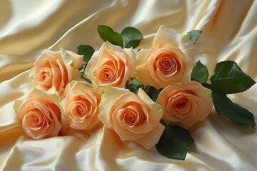 Delicate peach roses nestled on a silken surface.