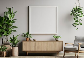 Minimalist Beige Room Interior with Wooden Cabinet and Potted Plants