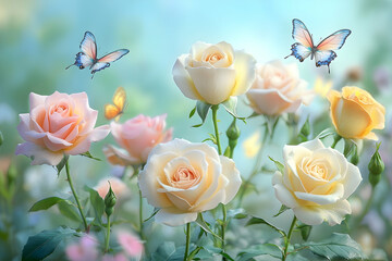 Delicate pastel roses and butterflies in a soft garden scene.