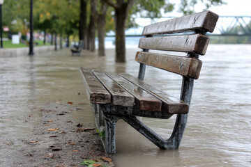 A park bench is overwhelmed by river flood water after record breaking rainfall