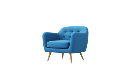 Fototapeta premium Blue armchair, a nightstand, and a potted plant are shown isolated on a white background