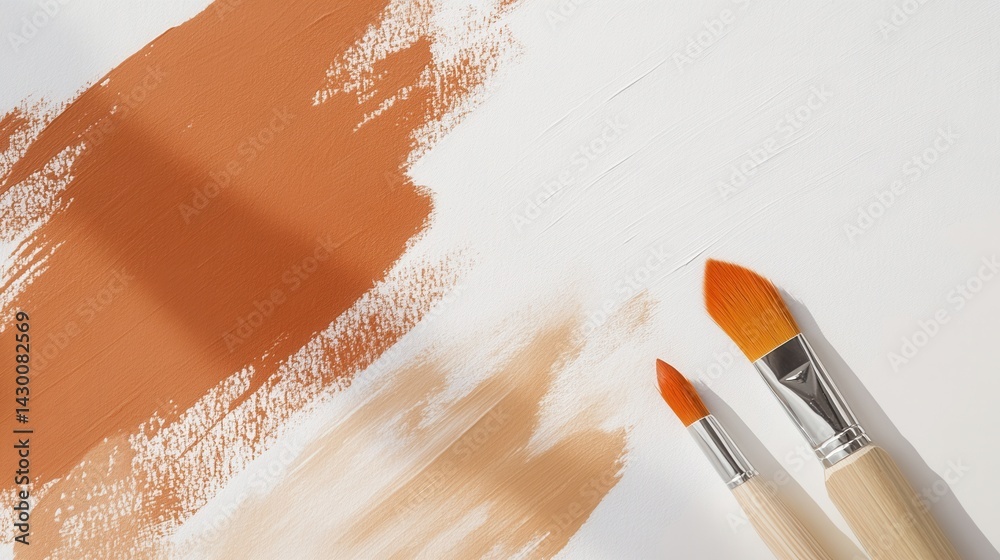 Poster artistic paint swatches with brushes on white canvas for creative projects, textured backgrounds, an