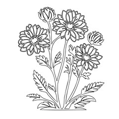 Detailed line drawing showcasing a stylized flower bouquet for botanical illustrations