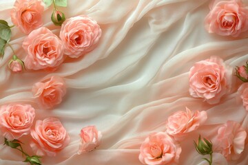 Elegant Peach Roses on Soft Draped Fabric Romantic Floral Background for Wedding or Valentines