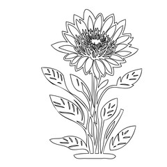 Detailed floral line drawing of a blooming sunflower with intricate leaves
