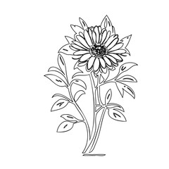 Monochrome botanical illustration featuring a blossoming flower with detailed petals