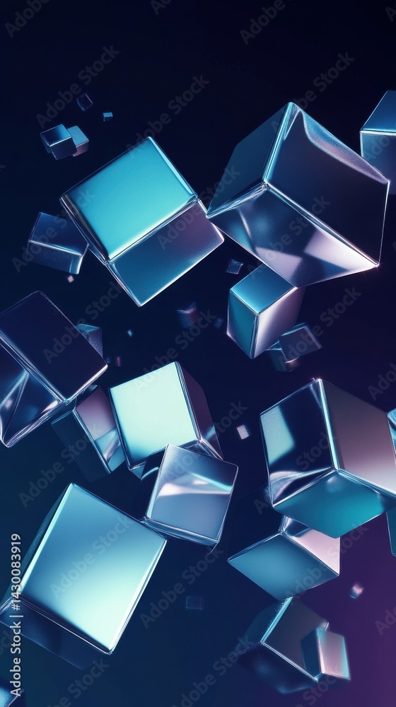 Leinwandbilder dynamic abstract 3d-like shapes in icy silver metal with captivating blue and purple color gradients