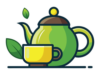 A white porcelain teapot and cup, isolated with a green leaf, offer a hot tea beverage