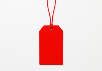 A vibrant red tag with a string hanging centered against a clean white background providing contrast