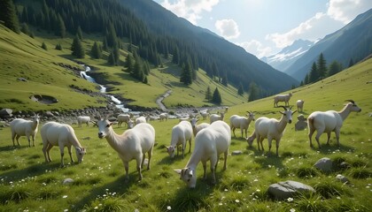 Obraz premium Pakistani Barbary Goat in the Grassland near the Foot of the Mountain on a Sunny Day, made by Ai