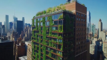 Obraz premium Urban building adorned with vertical gardens, showcases innovative green living architecture, integrated flora, modern design, sus
