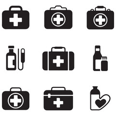 first aid box, icon, first and kit, silhouette, set, thin, black, line, vector