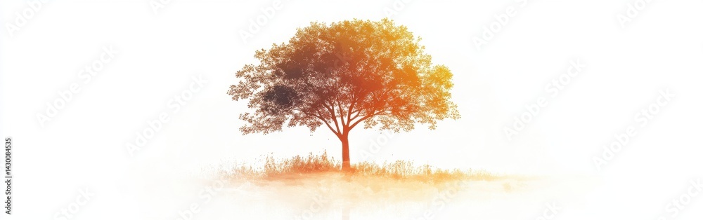 Poster abstract silhouette of a tree in gradient amber, with a tranquil scene in glowing tones, evoking ser