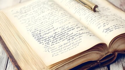 Obraz premium Exploring vintage manuscripts library written content rustic setting close-up view historical significance