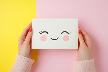Obraz premium Hands holding a white card with a happy kawaii face illustration over a pastel pink and yellow background, expressing joy, cuteness, and positivity in a minimal and playful composition.