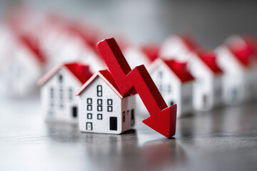Cluster of small homes beneath a large red arrow pointing down, symbolizing housing crash or real estate decline
