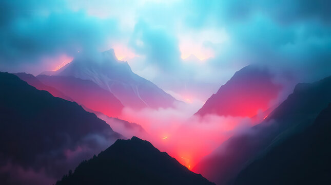 Dramatic mountain landscape with fiery skies.