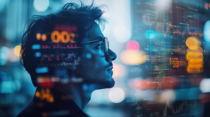 Pensive programmer analyzes dynamic stock market data with futuristic financial technology