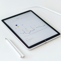Tablet display with colorful data graphs and a white stylus on a clean white surface indicating business and analysis