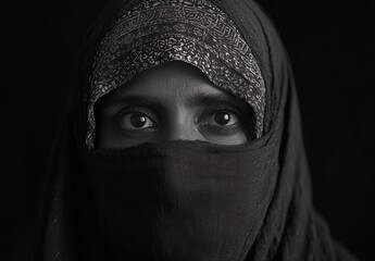 Naklejka premium Mysterious eyes emerge from the shadows in a captivating black and white portrait of a woman