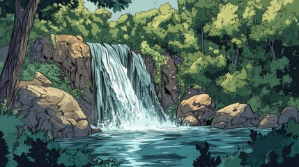 Forest Waterfall Scene, Calm Water, Lush Trees, Peaceful Nature, Background Perfect for Relaxation, Ideal for Educational Materials, Nature Education, Inspiring Nature, Beautiful Landscape